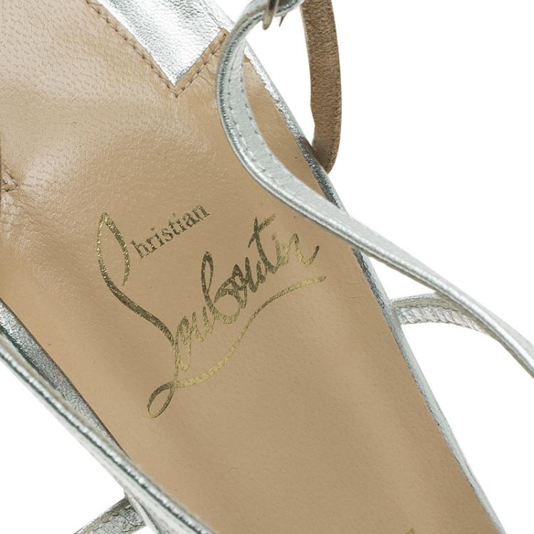 Pre Owned Christian Louboutin Metallic Silver Audrey Strappy Sandals Size 38.5