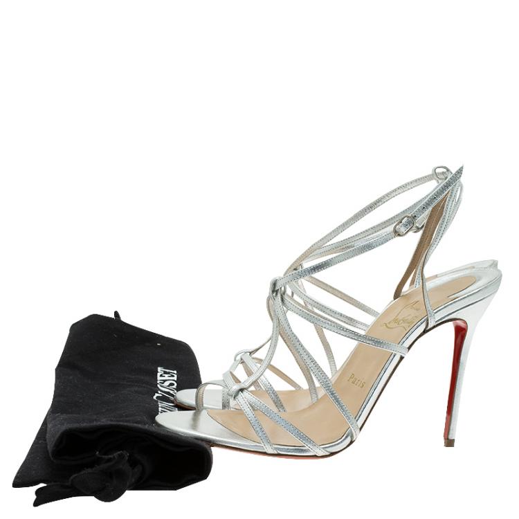 Pre Owned Christian Louboutin Metallic Silver Audrey Strappy Sandals Size 38.5