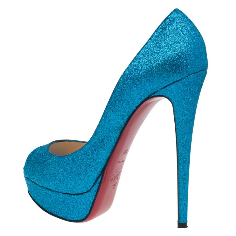 Pre Owned Christian Louboutin Blue Glitter Lady Peep Toe Platform Pumps Size 39.5