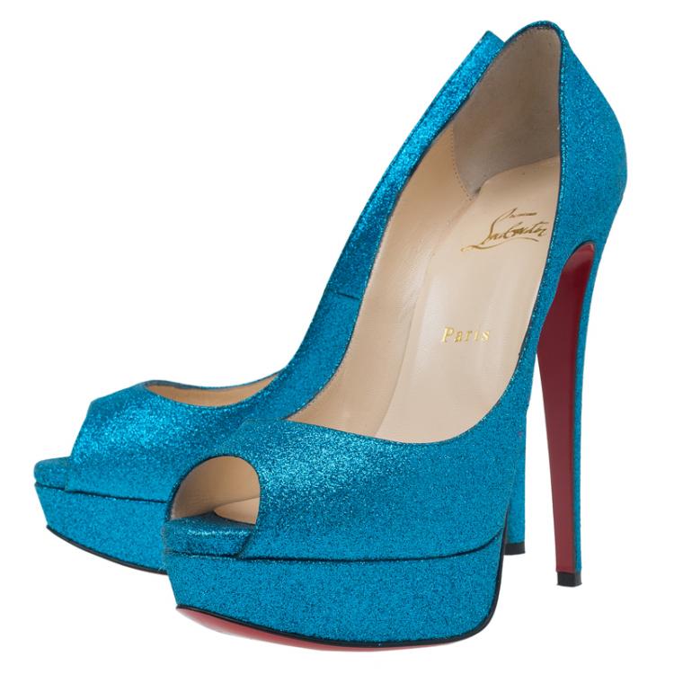 Pre Owned Christian Louboutin Blue Glitter Lady Peep Toe Platform Pumps Size 39.5