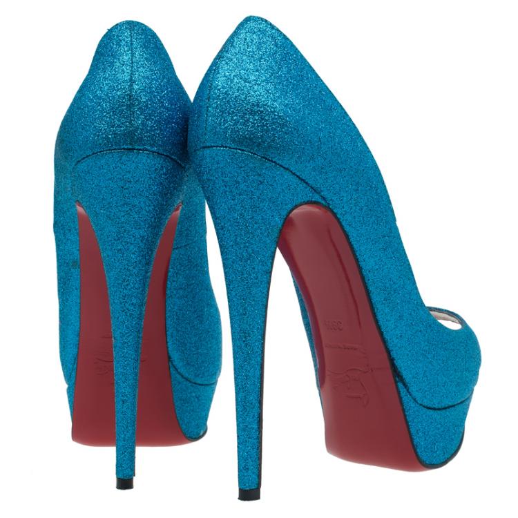 Pre Owned Christian Louboutin Blue Glitter Lady Peep Toe Platform Pumps Size 39.5