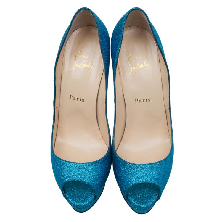 Pre Owned Christian Louboutin Blue Glitter Lady Peep Toe Platform Pumps Size 39.5