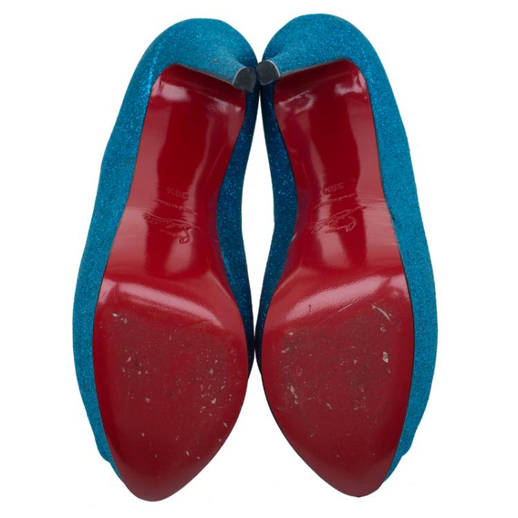 Pre Owned Christian Louboutin Blue Glitter Lady Peep Toe Platform Pumps Size 39.5
