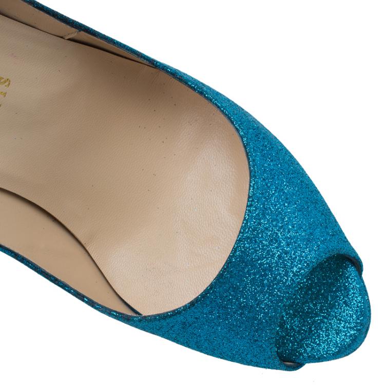 Pre Owned Christian Louboutin Blue Glitter Lady Peep Toe Platform Pumps Size 39.5