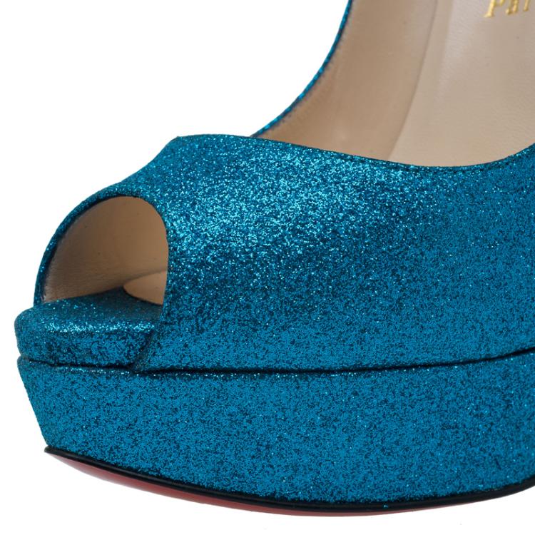 Pre Owned Christian Louboutin Blue Glitter Lady Peep Toe Platform Pumps Size 39.5