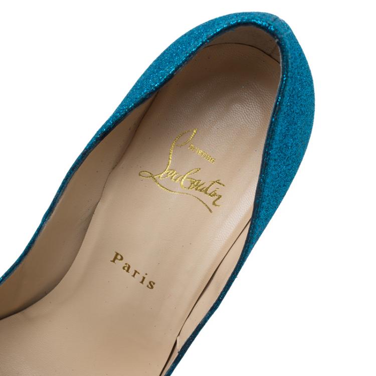 Pre Owned Christian Louboutin Blue Glitter Lady Peep Toe Platform Pumps Size 39.5