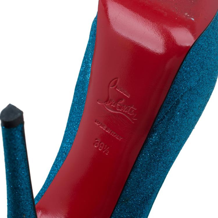Pre Owned Christian Louboutin Blue Glitter Lady Peep Toe Platform Pumps Size 39.5