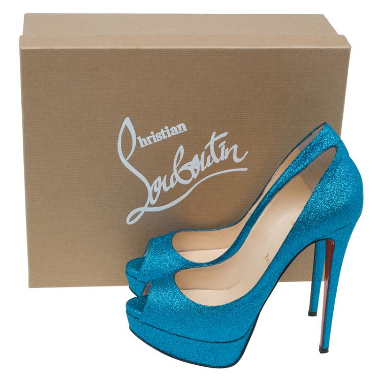 Pre Owned Christian Louboutin Blue Glitter Lady Peep Toe Platform Pumps Size 39.5