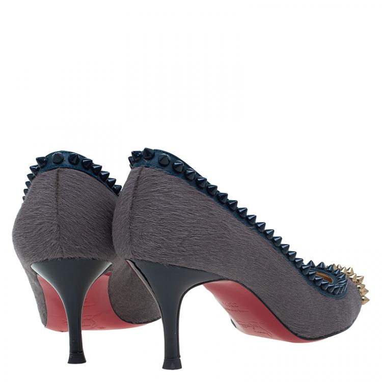 Pre Owned Christian Louboutin Brown Calf Hair Spiked Malabar Hill Pumps Size 35.5