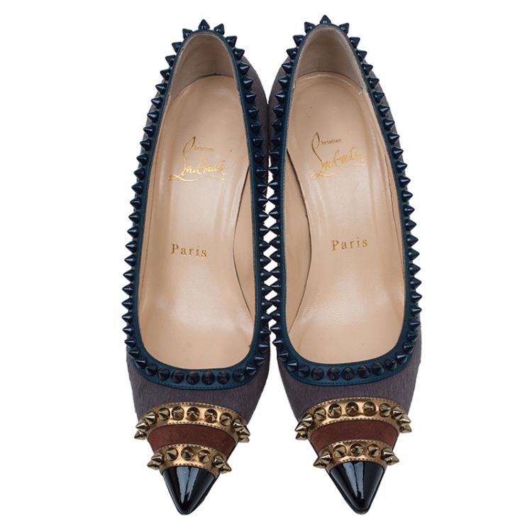 Pre Owned Christian Louboutin Brown Calf Hair Spiked Malabar Hill Pumps Size 35.5