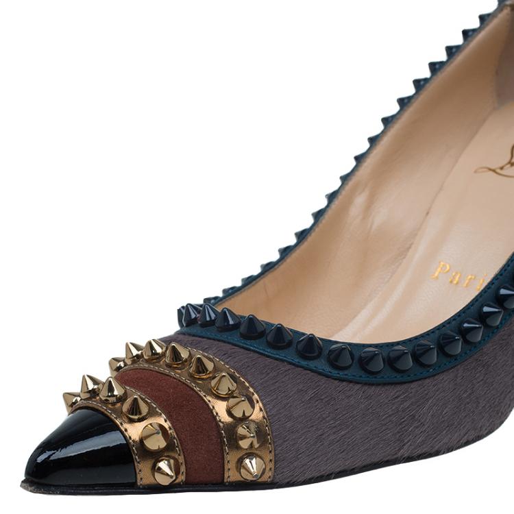 Pre Owned Christian Louboutin Brown Calf Hair Spiked Malabar Hill Pumps Size 35.5