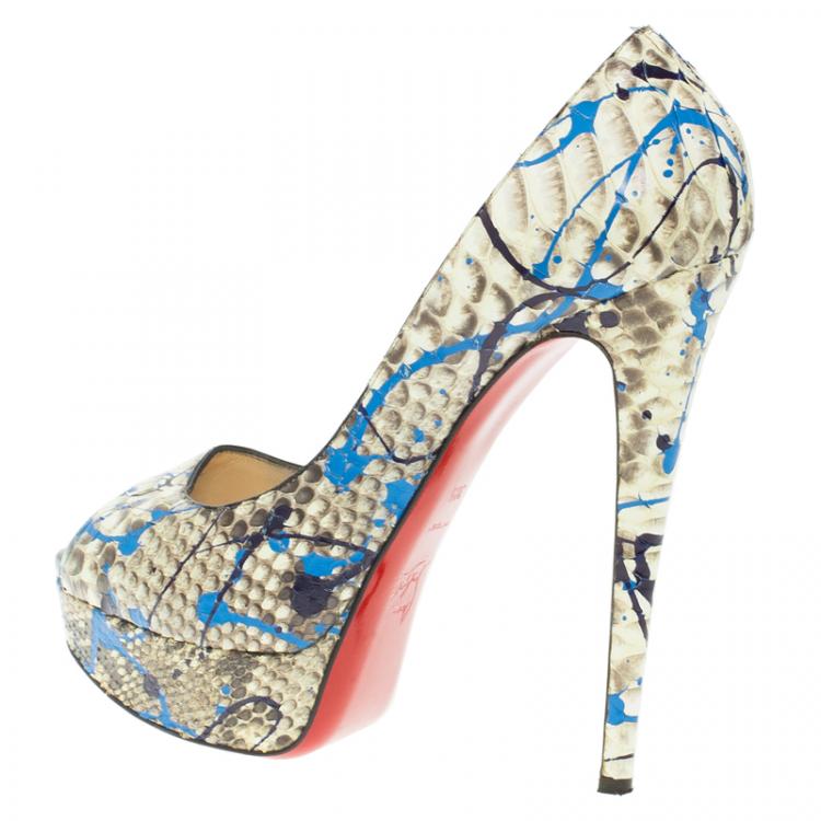 Pre Owned Christian Louboutin Grey Python Graffiti Lady Peep Toe Platform Pumps Size 38.5