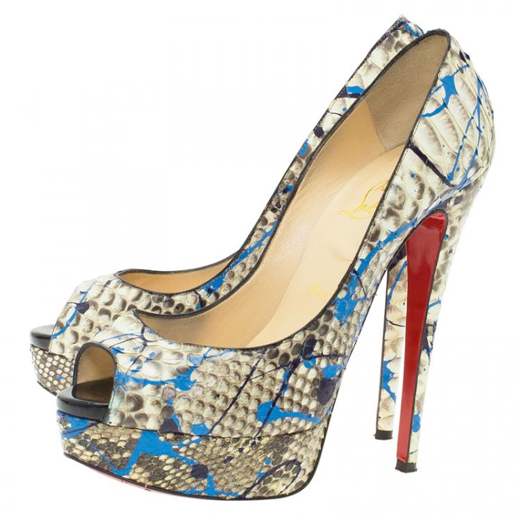 Pre Owned Christian Louboutin Grey Python Graffiti Lady Peep Toe Platform Pumps Size 38.5
