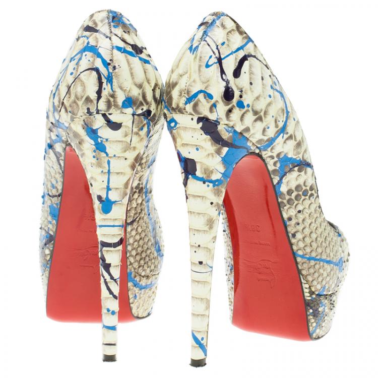 Pre Owned Christian Louboutin Grey Python Graffiti Lady Peep Toe Platform Pumps Size 38.5