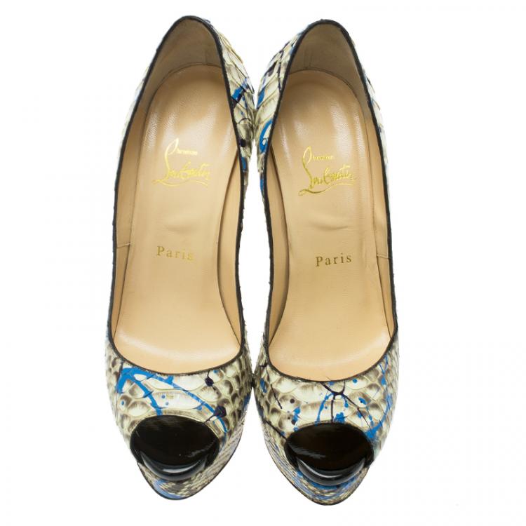 Pre Owned Christian Louboutin Grey Python Graffiti Lady Peep Toe Platform Pumps Size 38.5