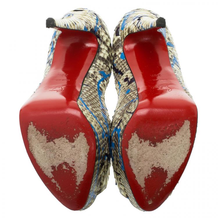 Pre Owned Christian Louboutin Grey Python Graffiti Lady Peep Toe Platform Pumps Size 38.5