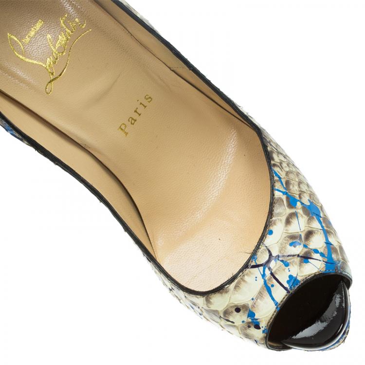 Pre Owned Christian Louboutin Grey Python Graffiti Lady Peep Toe Platform Pumps Size 38.5