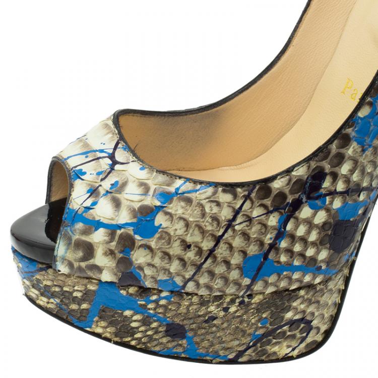 Pre Owned Christian Louboutin Grey Python Graffiti Lady Peep Toe Platform Pumps Size 38.5