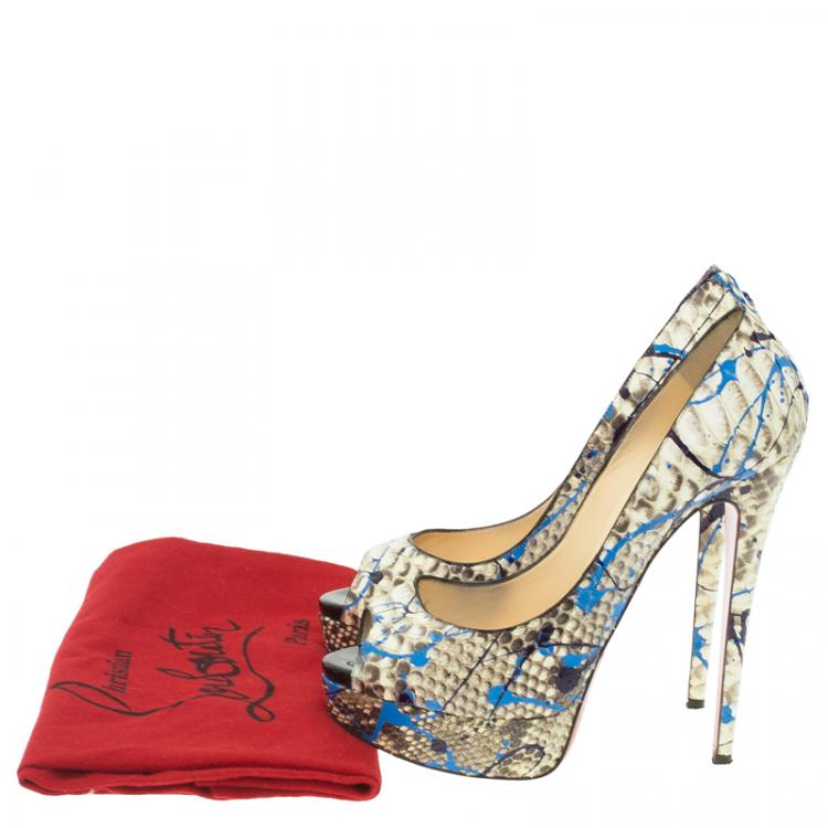 Pre Owned Christian Louboutin Grey Python Graffiti Lady Peep Toe Platform Pumps Size 38.5