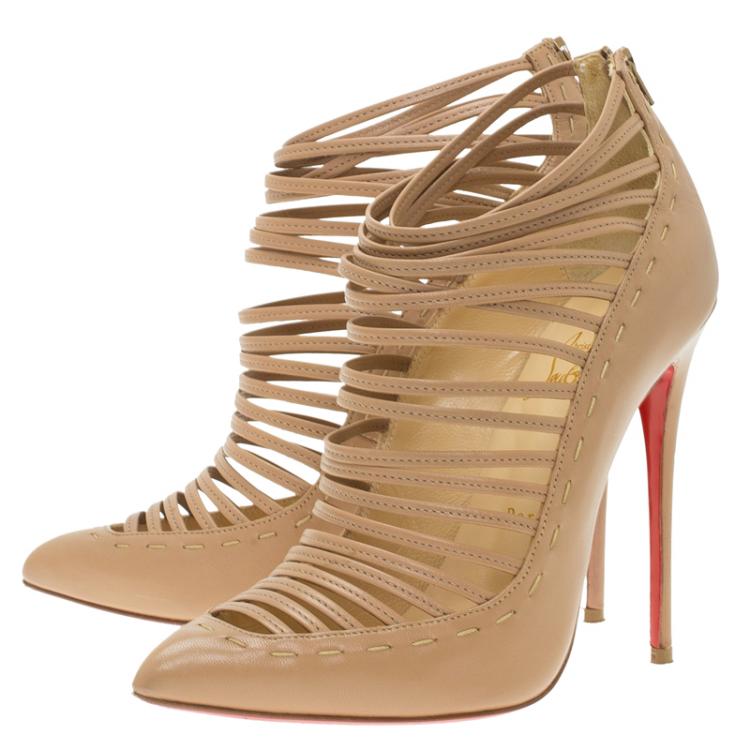 Pre Owned Christian Louboutin Beige Leather Gortik Strappy Ankle Boots Size 37