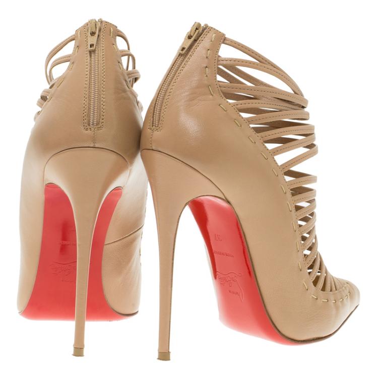 Pre Owned Christian Louboutin Beige Leather Gortik Strappy Ankle Boots Size 37