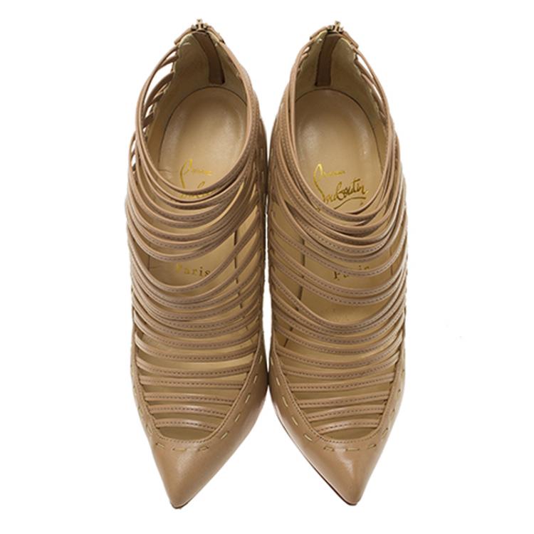 Pre Owned Christian Louboutin Beige Leather Gortik Strappy Ankle Boots Size 37