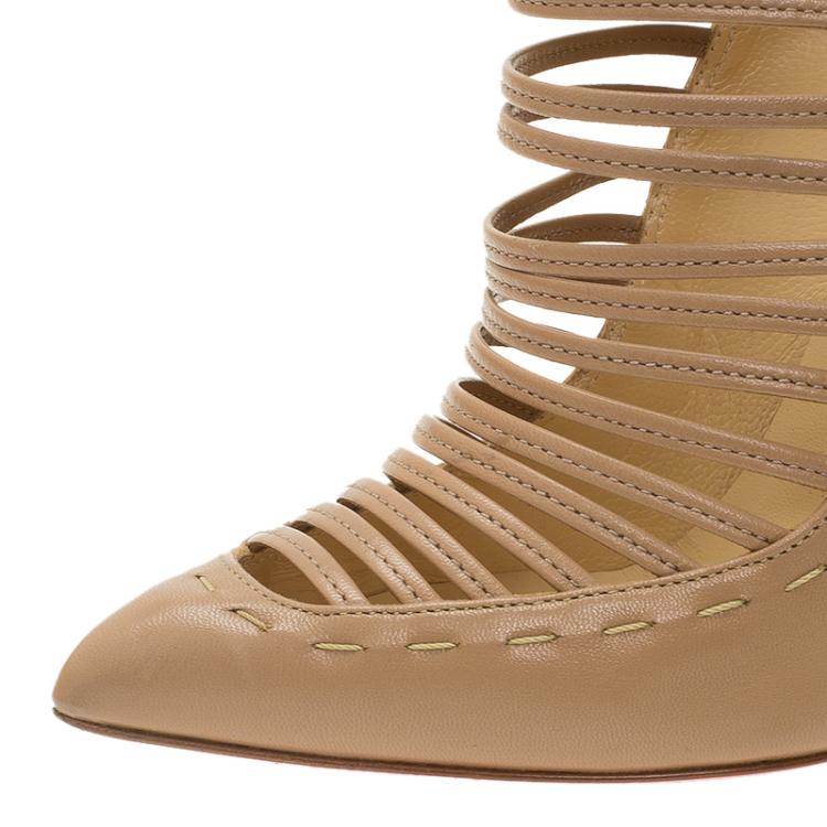 Pre Owned Christian Louboutin Beige Leather Gortik Strappy Ankle Boots Size 37