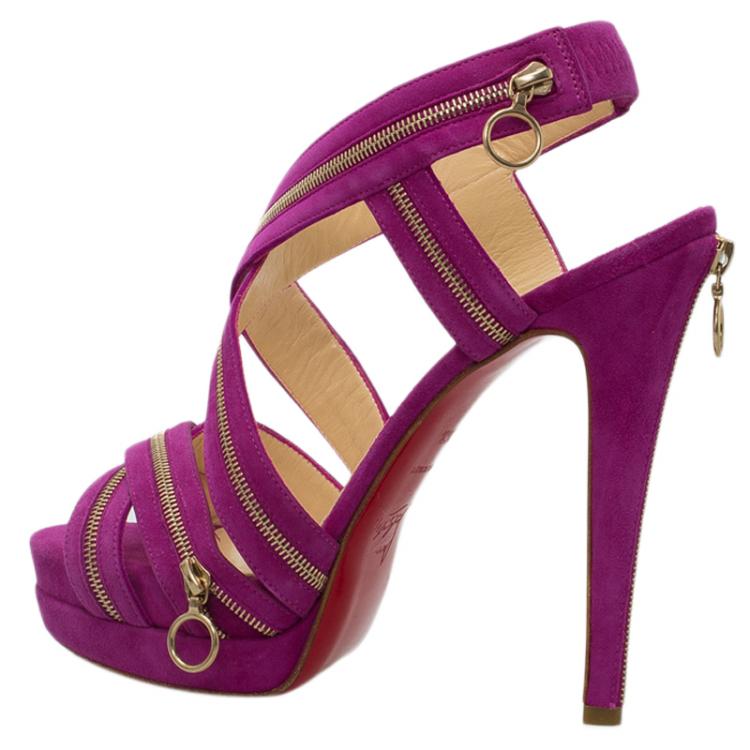 Pre Owned Christian Louboutin Pink Suede Rodita Zipper Detail Platform Sandals Size 36.5