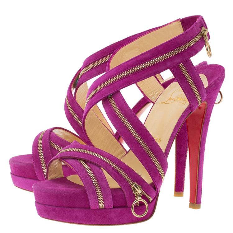 Pre Owned Christian Louboutin Pink Suede Rodita Zipper Detail Platform Sandals Size 36.5