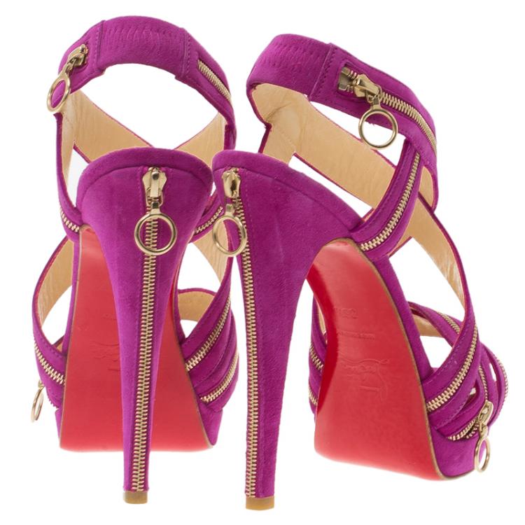 Pre Owned Christian Louboutin Pink Suede Rodita Zipper Detail Platform Sandals Size 36.5