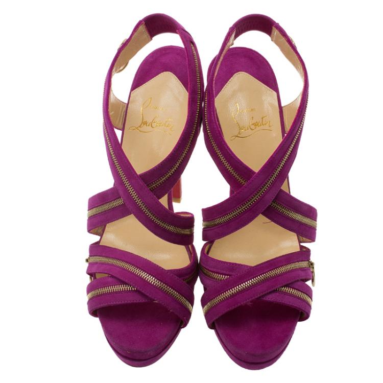 Pre Owned Christian Louboutin Pink Suede Rodita Zipper Detail Platform Sandals Size 36.5