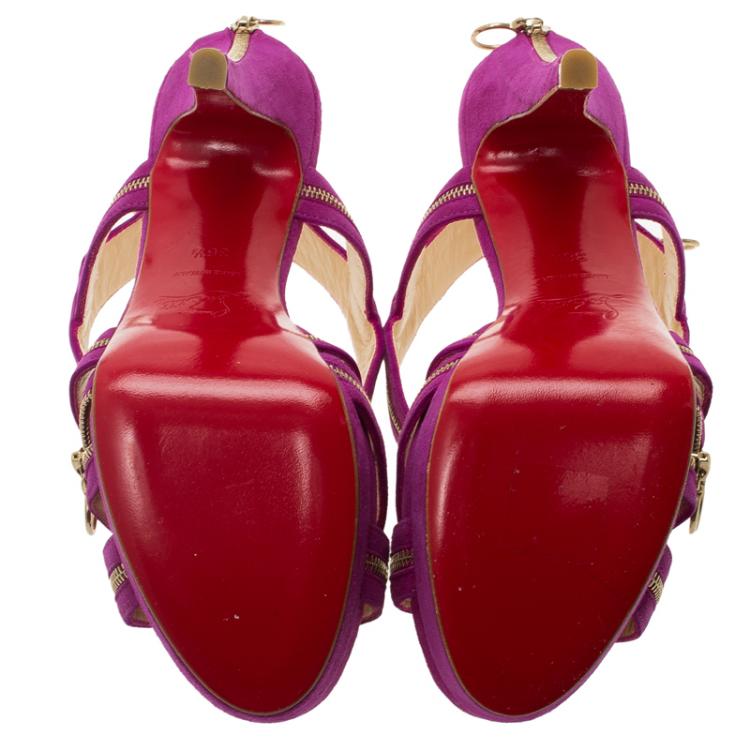 Pre Owned Christian Louboutin Pink Suede Rodita Zipper Detail Platform Sandals Size 36.5