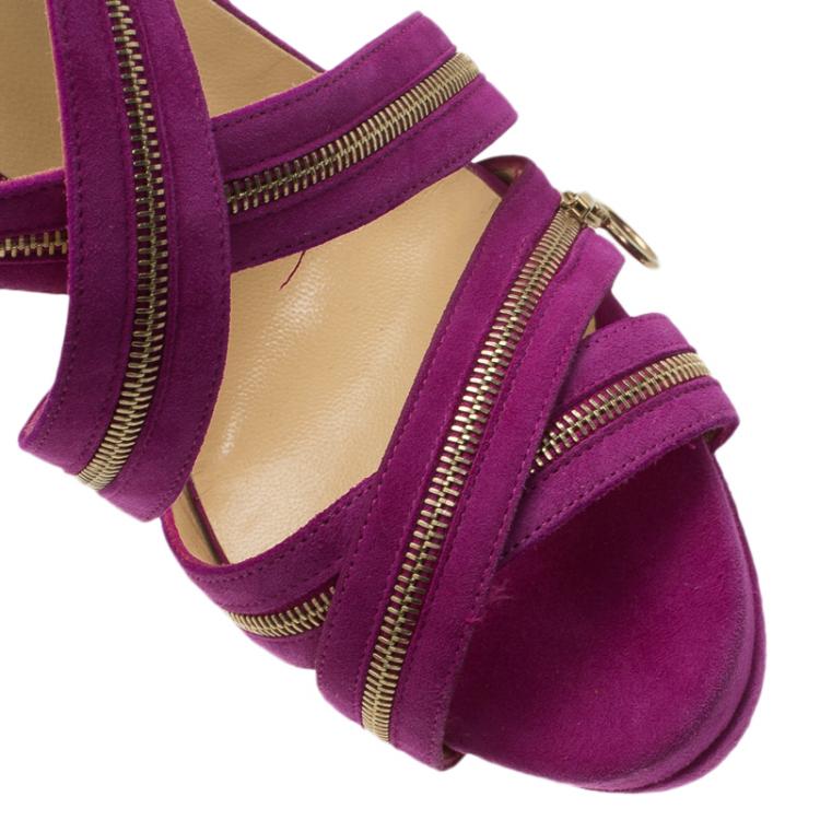Pre Owned Christian Louboutin Pink Suede Rodita Zipper Detail Platform Sandals Size 36.5