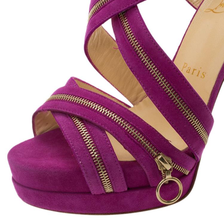 Pre Owned Christian Louboutin Pink Suede Rodita Zipper Detail Platform Sandals Size 36.5