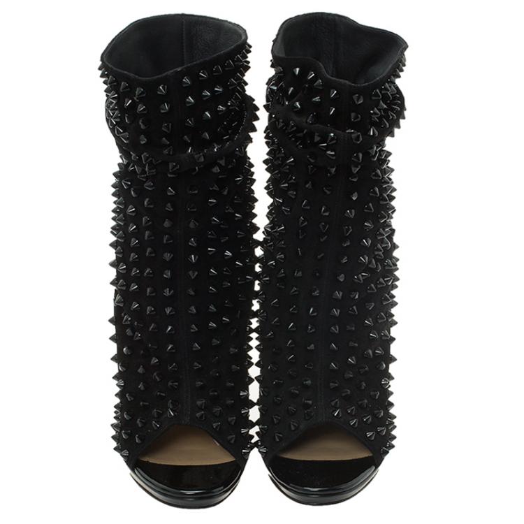 Pre Owned Christian Louboutin Black Spiked Suede Guerilla Open Toe Slouchy Ankle Boots Size 37.5