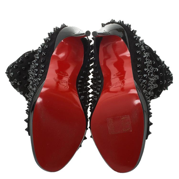 Pre Owned Christian Louboutin Black Spiked Suede Guerilla Open Toe Slouchy Ankle Boots Size 37.5