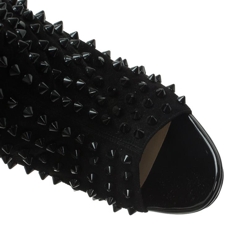 Pre Owned Christian Louboutin Black Spiked Suede Guerilla Open Toe Slouchy Ankle Boots Size 37.5