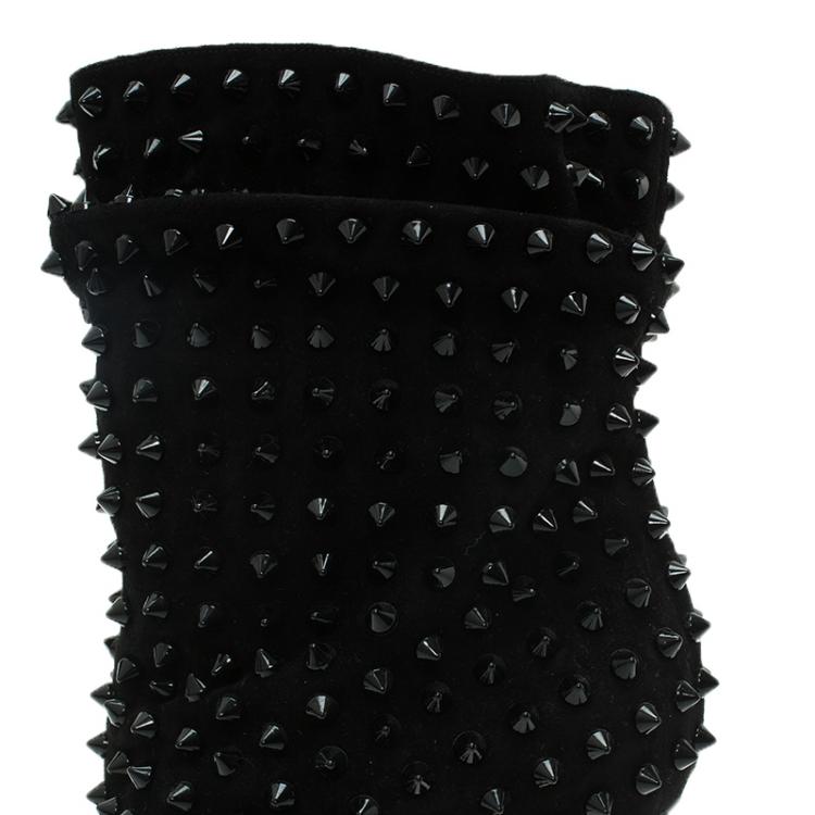Pre Owned Christian Louboutin Black Spiked Suede Guerilla Open Toe Slouchy Ankle Boots Size 37.5