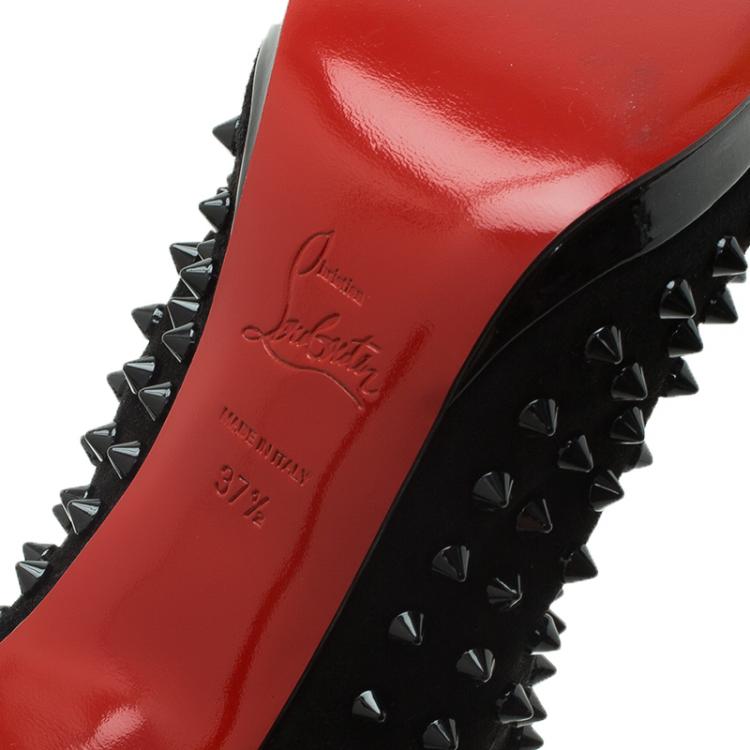 Pre Owned Christian Louboutin Black Spiked Suede Guerilla Open Toe Slouchy Ankle Boots Size 37.5