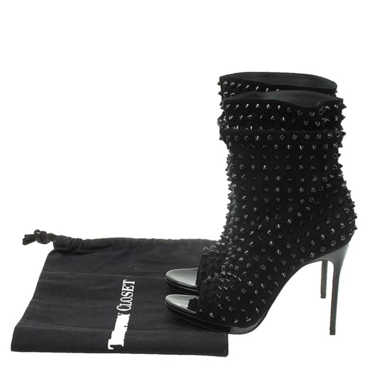 Pre Owned Christian Louboutin Black Spiked Suede Guerilla Open Toe Slouchy Ankle Boots Size 37.5