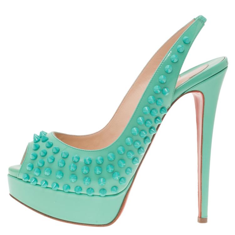 Pre Owned Christian Louboutin Turquoise Patent Lady Peep Toe Spike Platform Slingback Sandals Size 37