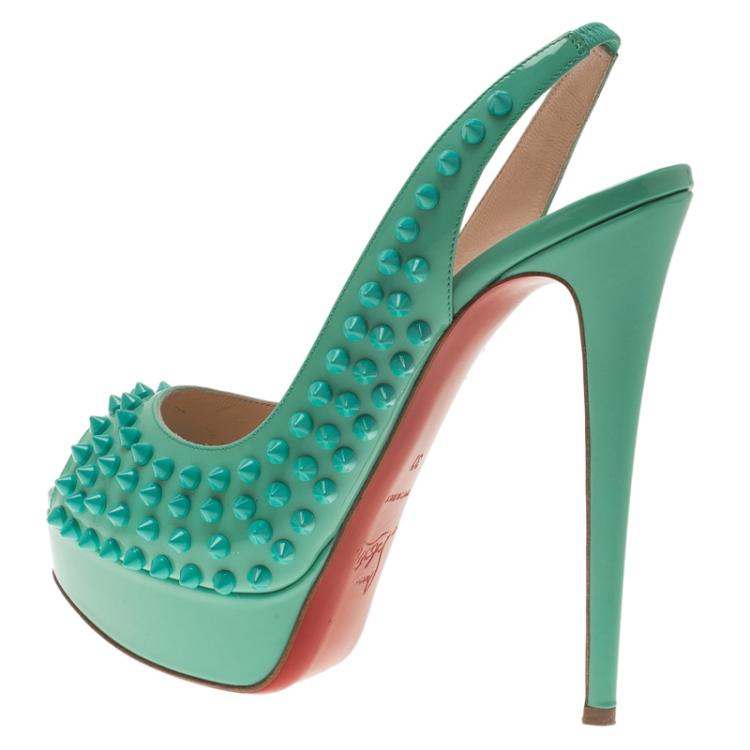 Pre Owned Christian Louboutin Turquoise Patent Lady Peep Toe Spike Platform Slingback Sandals Size 37