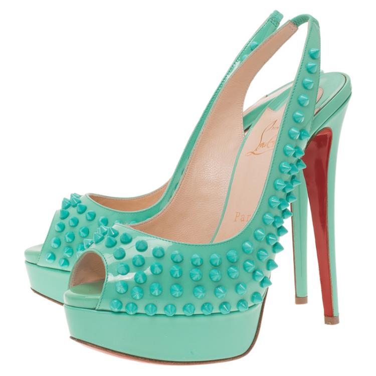 Pre Owned Christian Louboutin Turquoise Patent Lady Peep Toe Spike Platform Slingback Sandals Size 37