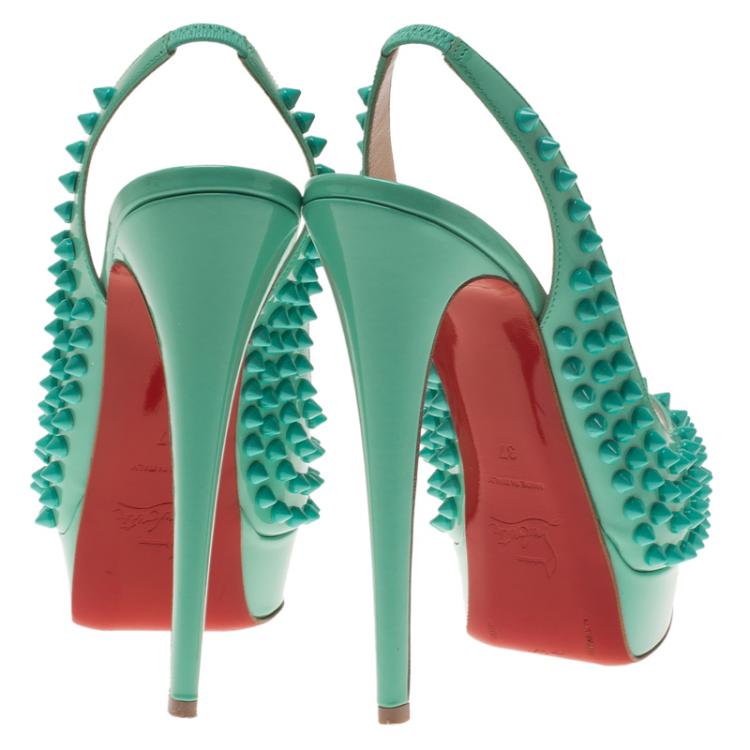 Pre Owned Christian Louboutin Turquoise Patent Lady Peep Toe Spike Platform Slingback Sandals Size 37