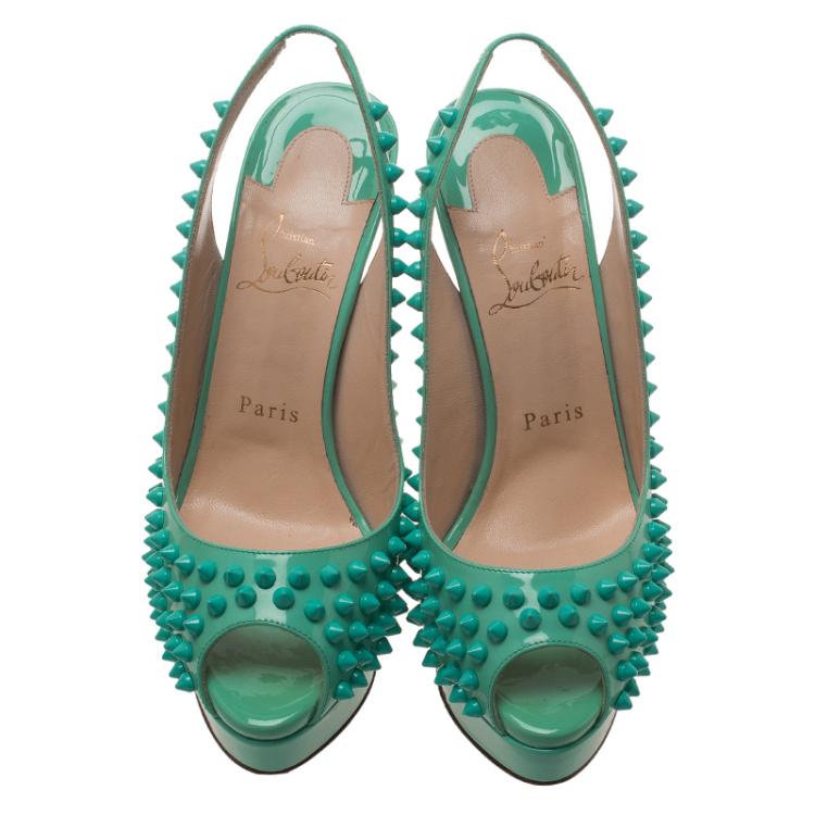 Pre Owned Christian Louboutin Turquoise Patent Lady Peep Toe Spike Platform Slingback Sandals Size 37