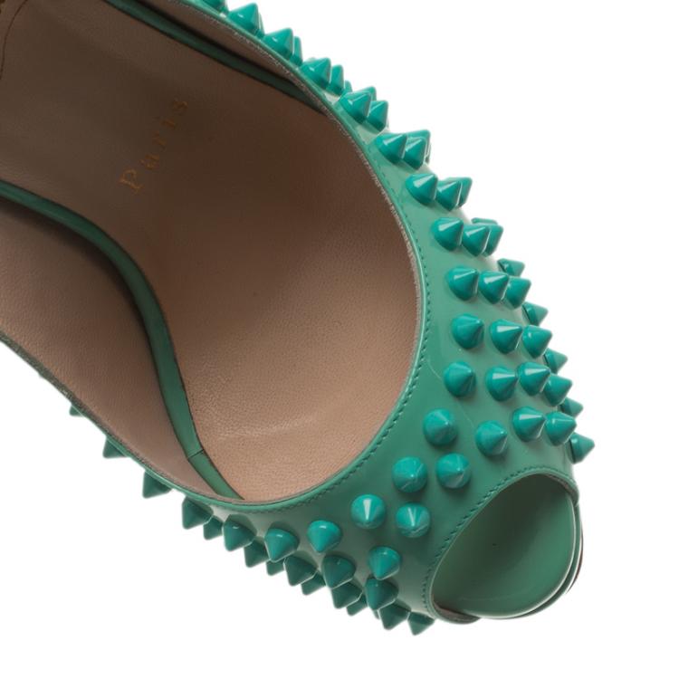 Pre Owned Christian Louboutin Turquoise Patent Lady Peep Toe Spike Platform Slingback Sandals Size 37