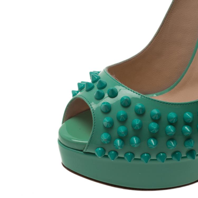 Pre Owned Christian Louboutin Turquoise Patent Lady Peep Toe Spike Platform Slingback Sandals Size 37