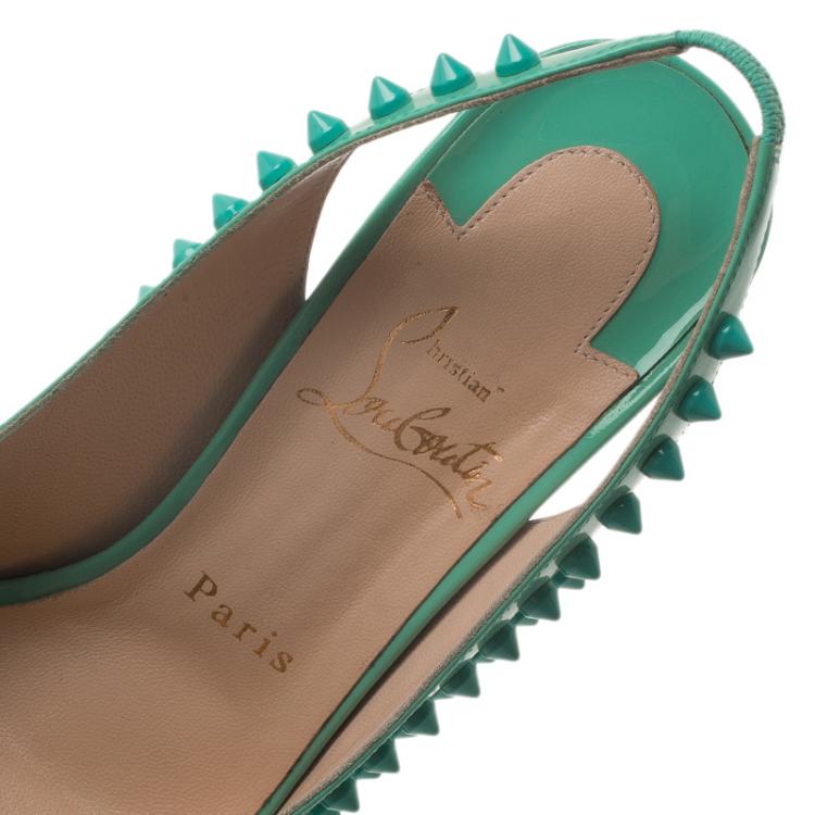 Pre Owned Christian Louboutin Turquoise Patent Lady Peep Toe Spike Platform Slingback Sandals Size 37