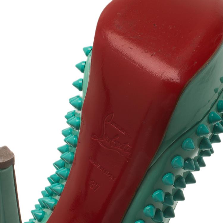 Pre Owned Christian Louboutin Turquoise Patent Lady Peep Toe Spike Platform Slingback Sandals Size 37