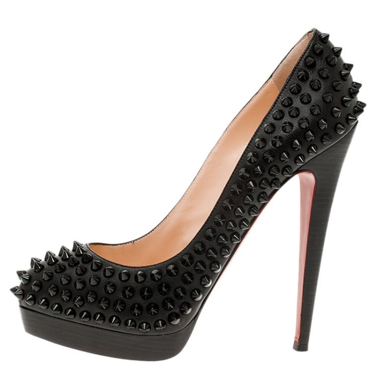 Pre Owned Christian Louboutin Black Leather Alti Spikes Platform Pumps Size 37.5